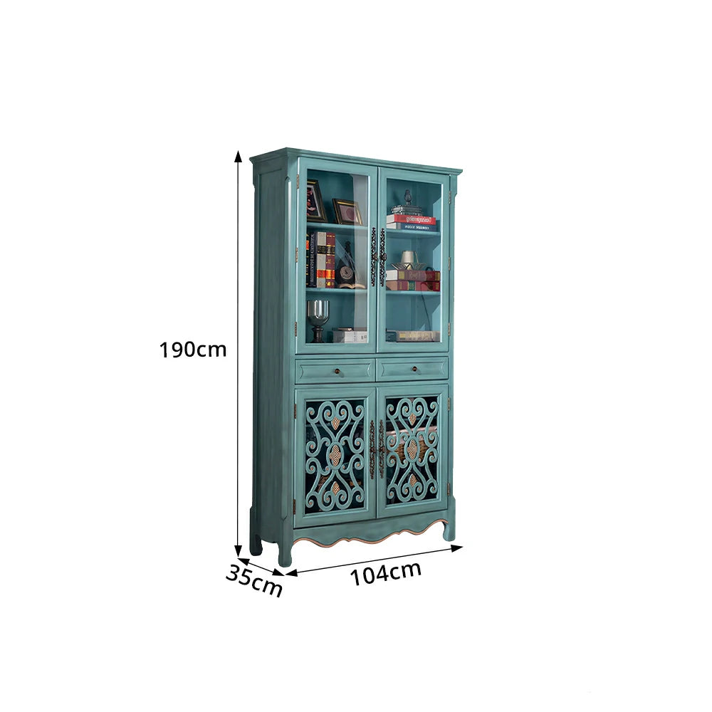 LUXORA Vintage Solid Wood Bookcase Glass Display Storage Cabinet for Living Room Study - Blue