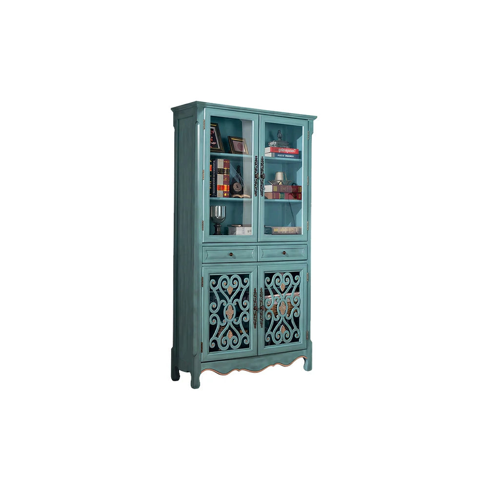 LUXORA Vintage Solid Wood Bookcase Glass Display Storage Cabinet for Living Room Study - Blue