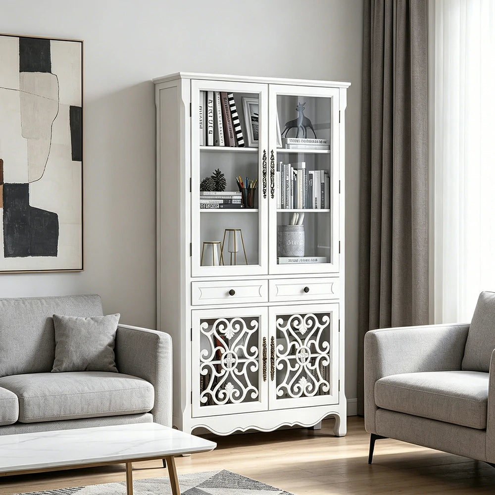 LUXORA Vintage Solid Wood Bookcase Glass Display Storage Cabinet for Living Room Study - White