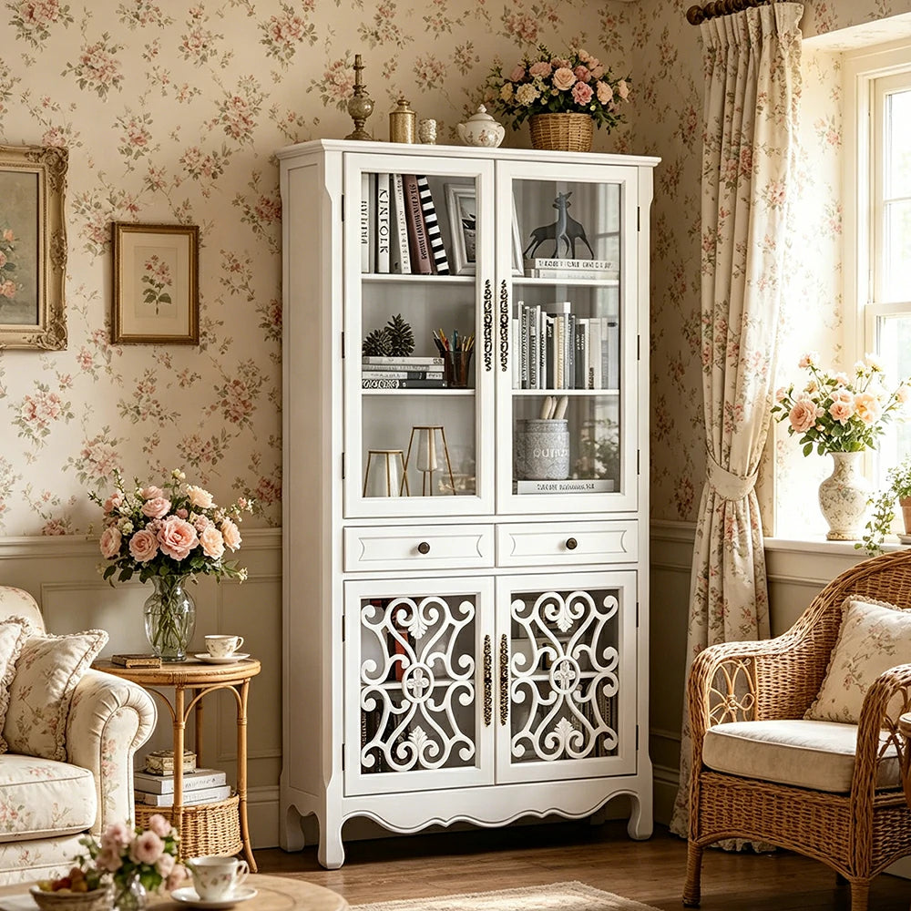 LUXORA Vintage Solid Wood Bookcase Glass Display Storage Cabinet for Living Room Study - White