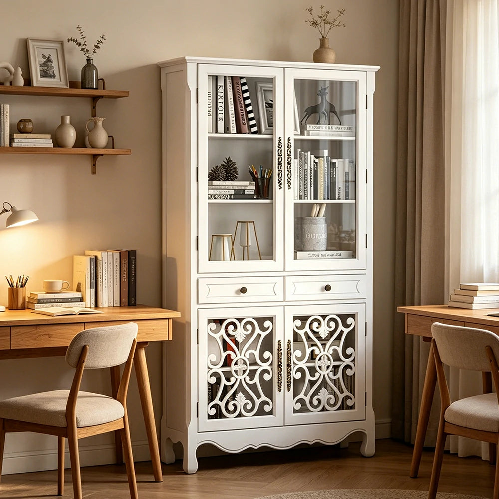 LUXORA Vintage Solid Wood Bookcase Glass Display Storage Cabinet for Living Room Study - White