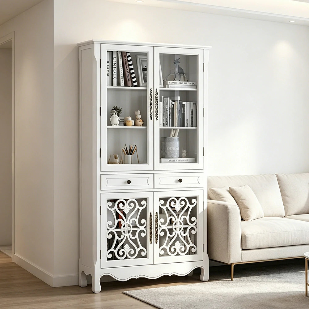 LUXORA Vintage Solid Wood Bookcase Glass Display Storage Cabinet for Living Room Study - White