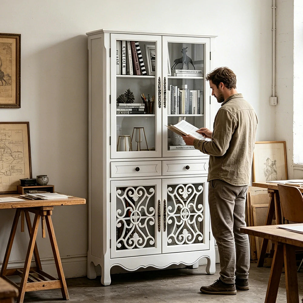 LUXORA Vintage Solid Wood Bookcase Glass Display Storage Cabinet for Living Room Study - White