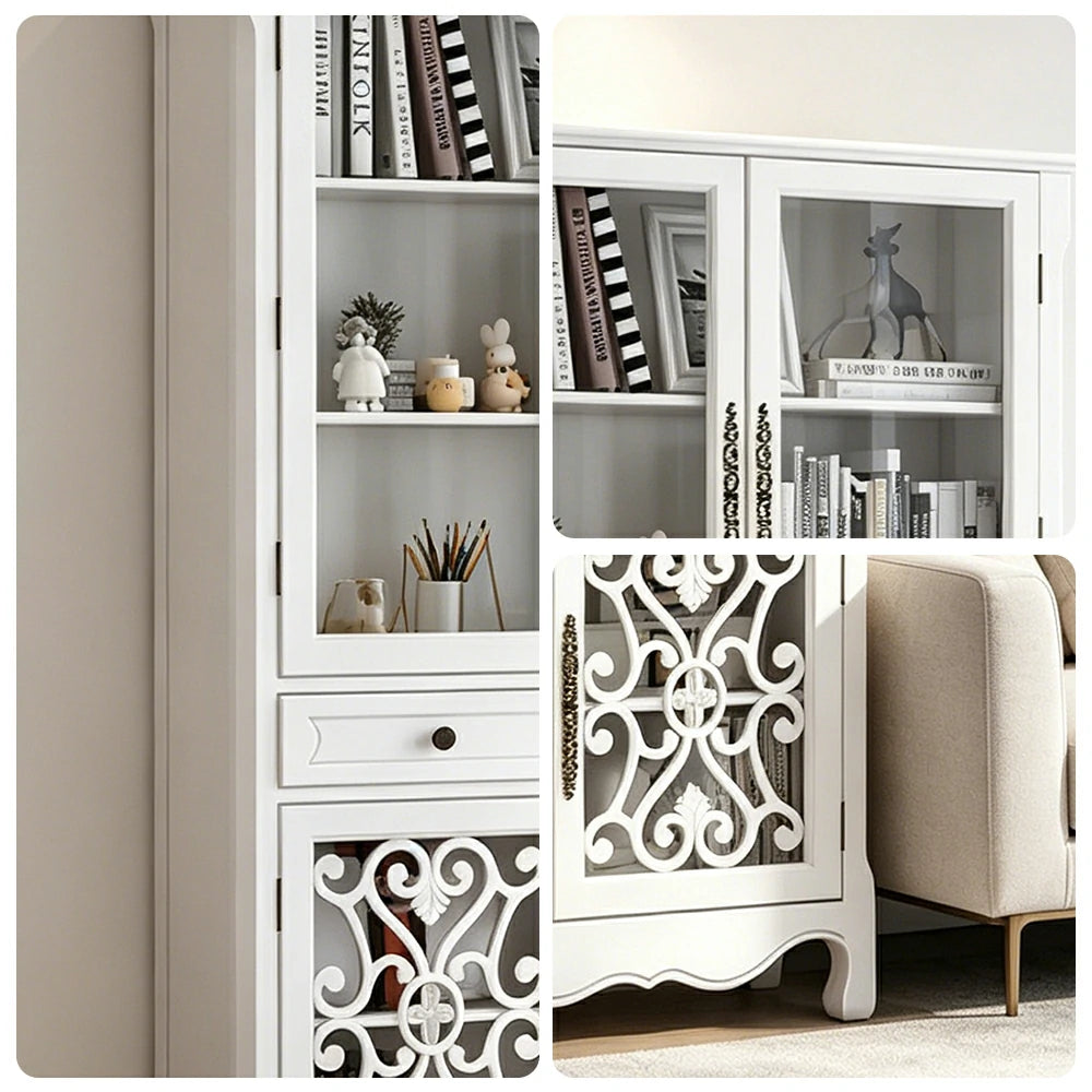 LUXORA Vintage Solid Wood Bookcase Glass Display Storage Cabinet for Living Room Study - White