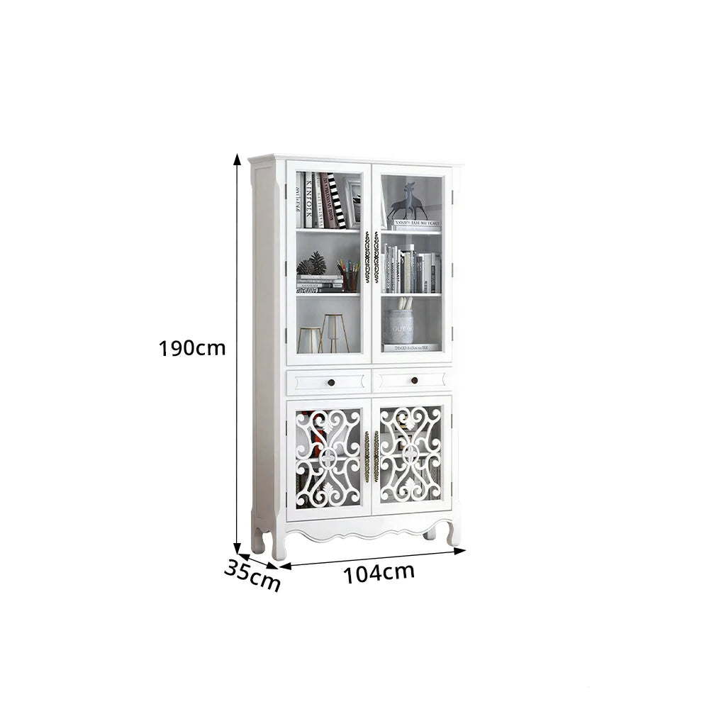 LUXORA Vintage Solid Wood Bookcase Glass Display Storage Cabinet for Living Room Study - White