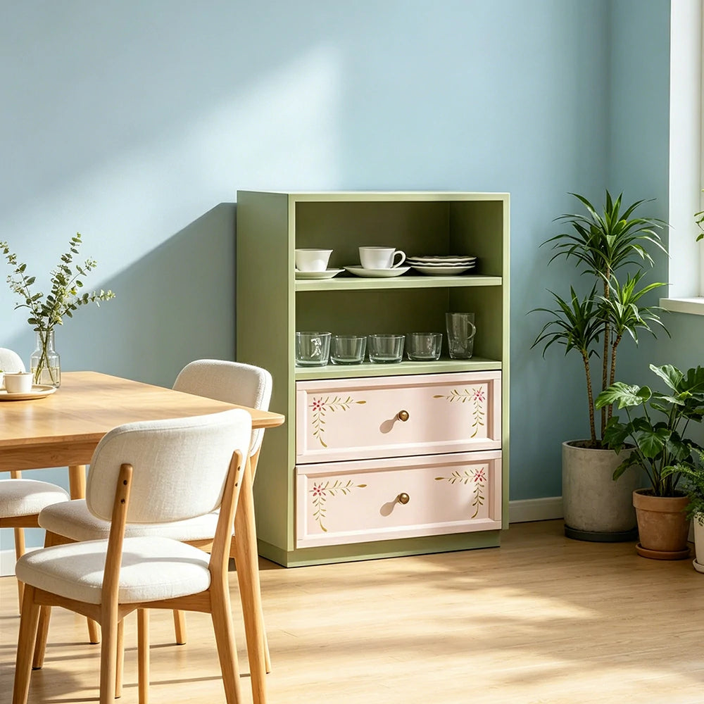 LUXORA Modular Solid Wood Bookcase Double Drawer Storage Cabinet for Living Room Dining Area