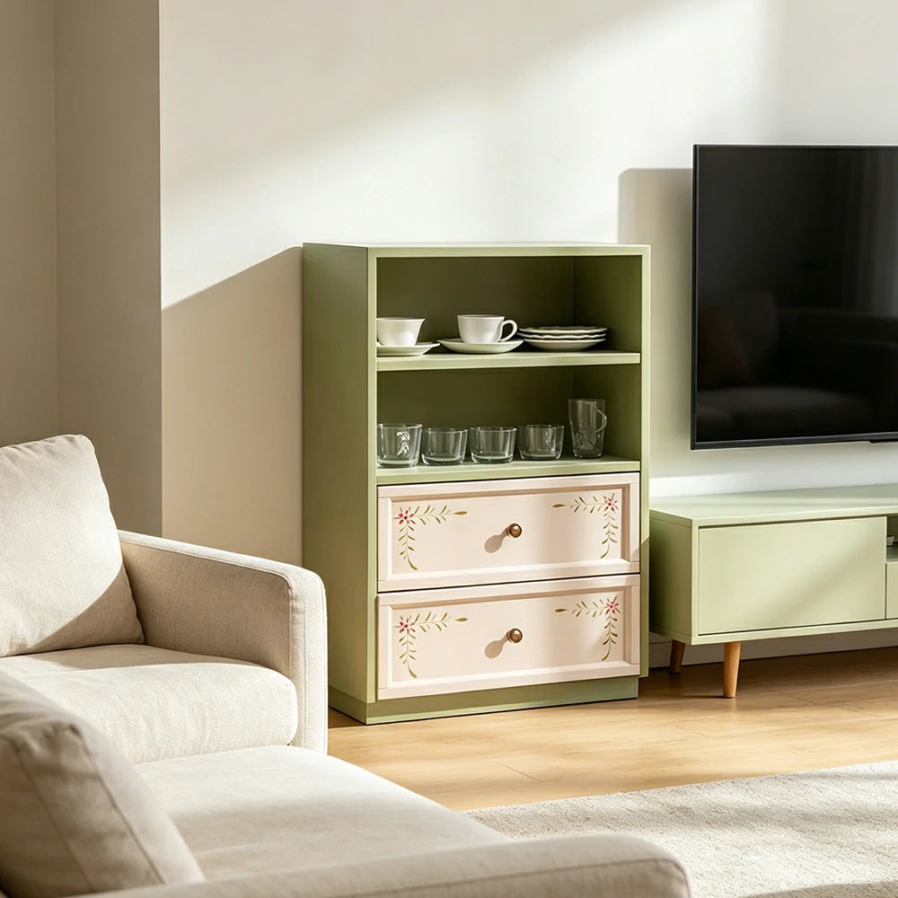 LUXORA Modular Solid Wood Bookcase Double Drawer Storage Cabinet for Living Room Dining Area