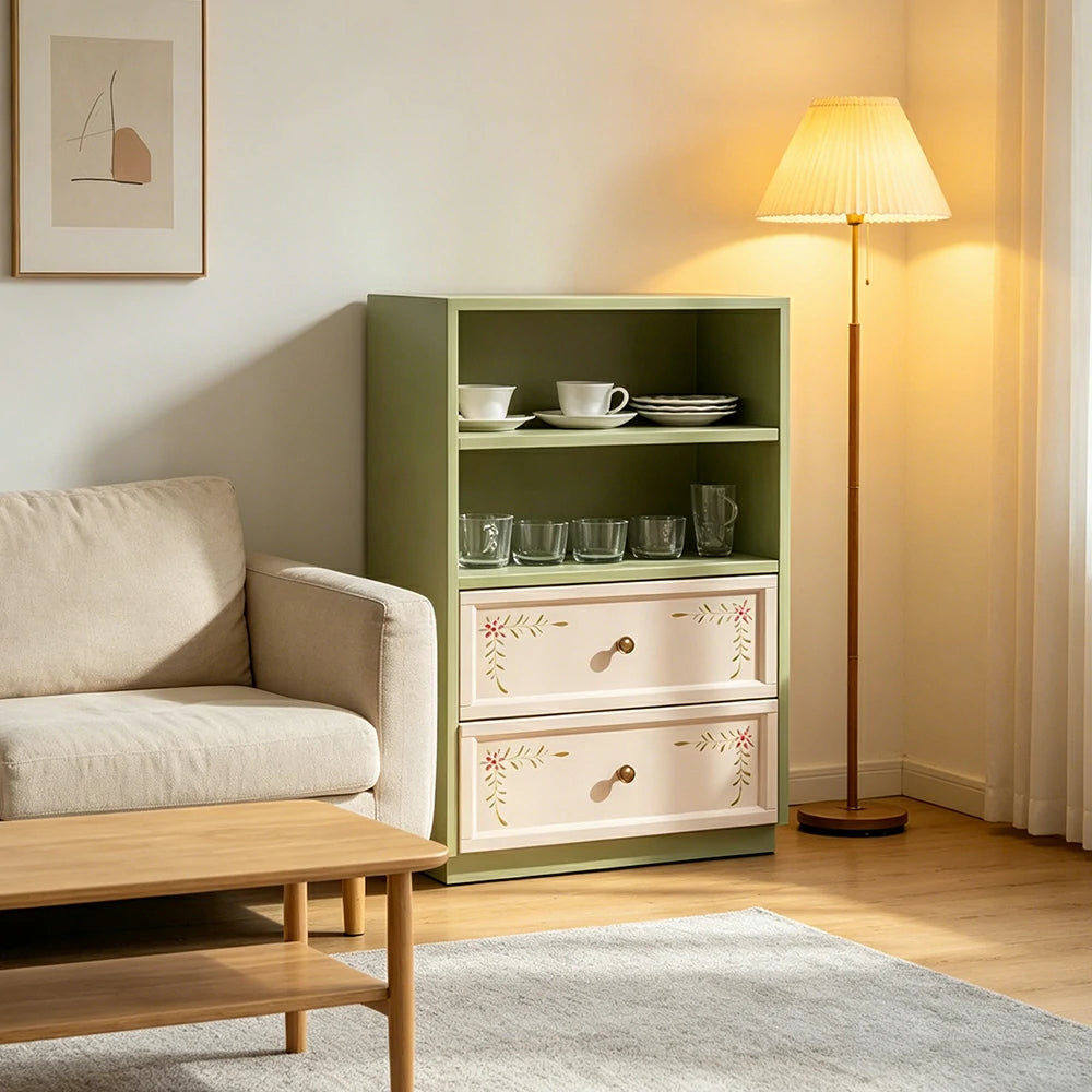 LUXORA Modular Solid Wood Bookcase Double Drawer Storage Cabinet for Living Room Dining Area
