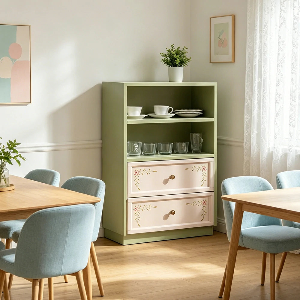 LUXORA Modular Solid Wood Bookcase Double Drawer Storage Cabinet for Living Room Dining Area