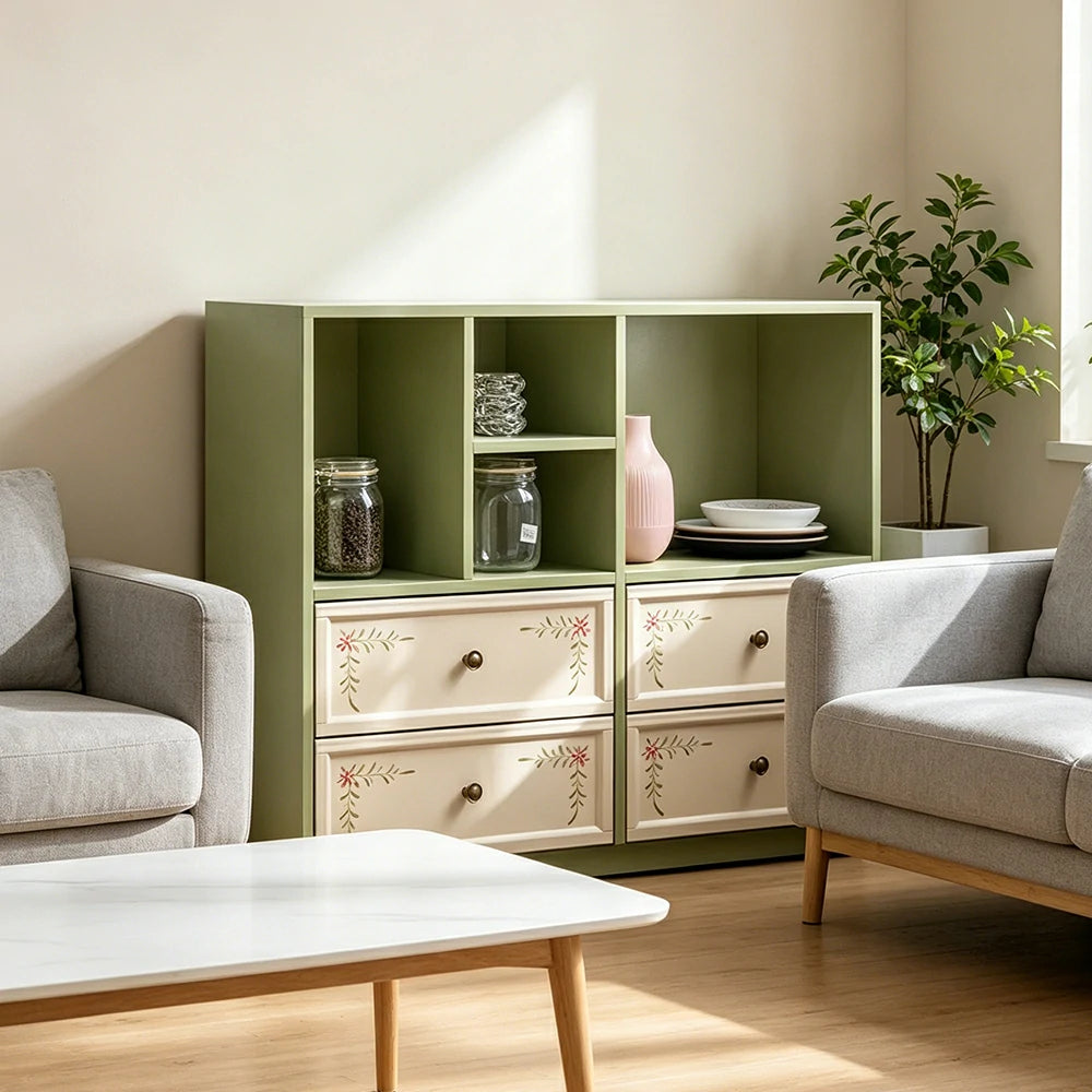 LUXORA Modular Solid Wood Bookcase Four Drawer Storage Cabinet for Living Room Dining Area