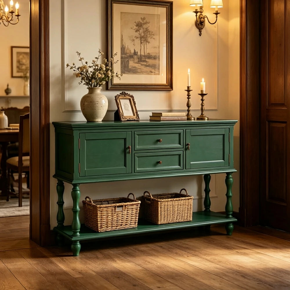 LUXORA Solid Wood Side Cabinet Embossed Grain Storage Console 120/140cm for Entryway Living Room - Green