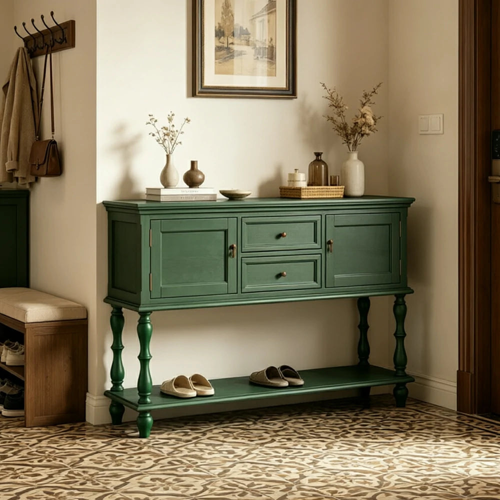 LUXORA Solid Wood Side Cabinet Embossed Grain Storage Console 120/140cm for Entryway Living Room - Green