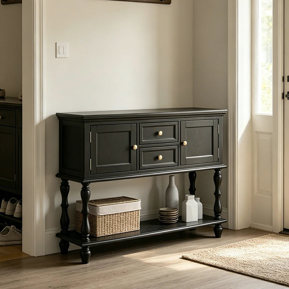 LUXORA Solid Wood Side Cabinet Embossed Grain Storage Console 120/140cm for Entryway Living Room - Black