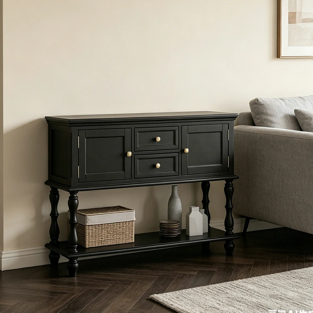 LUXORA Solid Wood Side Cabinet Embossed Grain Storage Console 120/140cm for Entryway Living Room - Black