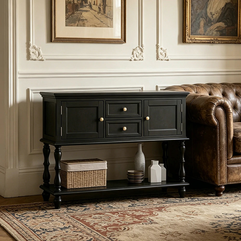 LUXORA Solid Wood Side Cabinet Embossed Grain Storage Console 120/140cm for Entryway Living Room - Black
