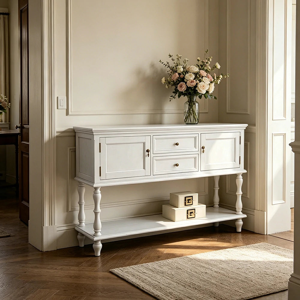 LUXORA Solid Wood Side Cabinet Embossed Grain Storage Console 120/140cm for Entryway Living Room - White