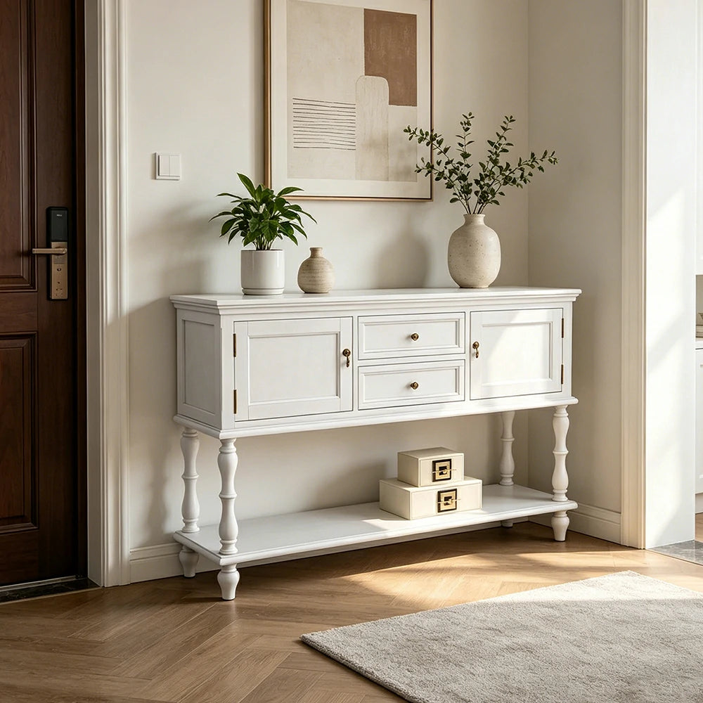 LUXORA Solid Wood Side Cabinet Embossed Grain Storage Console 120/140cm for Entryway Living Room - White