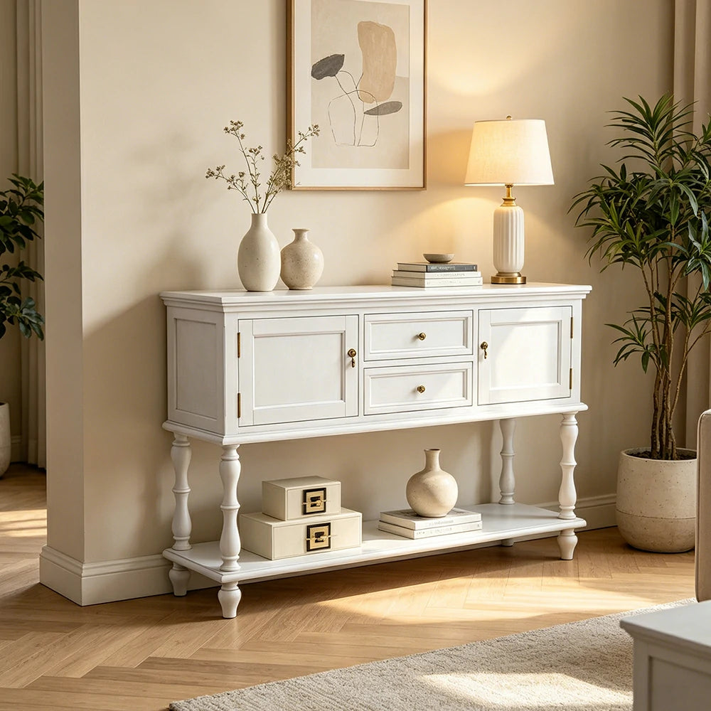 LUXORA Solid Wood Side Cabinet Embossed Grain Storage Console 120/140cm for Entryway Living Room - White