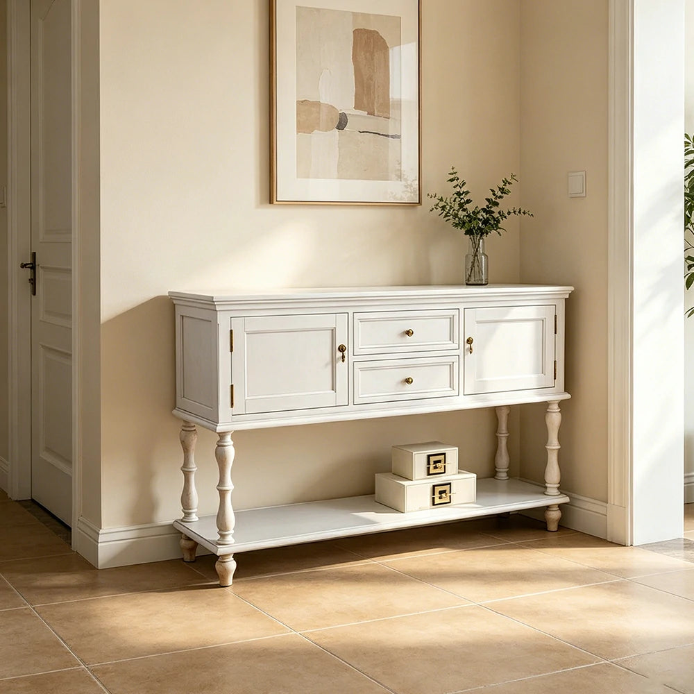 LUXORA Solid Wood Side Cabinet Embossed Grain Storage Console 120/140cm for Entryway Living Room - White