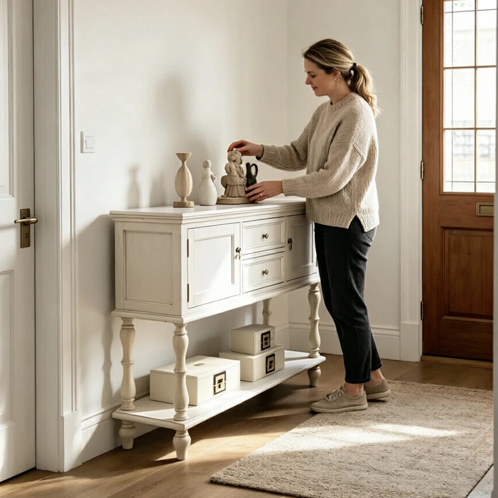 LUXORA Solid Wood Side Cabinet Embossed Grain Storage Console 120/140cm for Entryway Living Room - White
