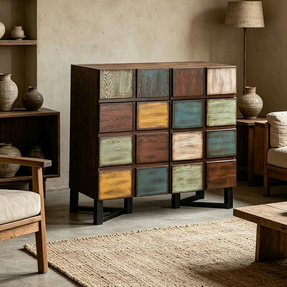 LUXORA Vintage Patchwork Side Cabinet Large Storage Organizer for Living Room Entryway