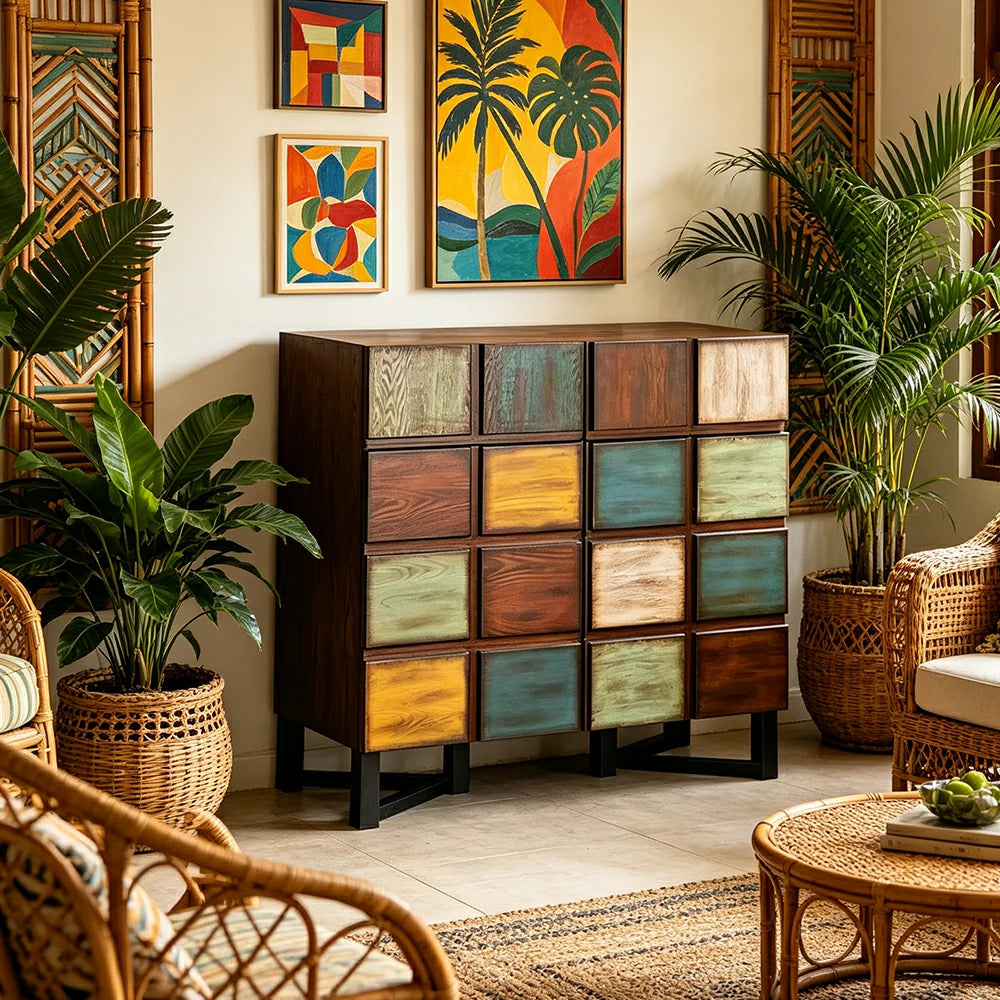 LUXORA Vintage Patchwork Side Cabinet Large Storage Organizer for Living Room Entryway