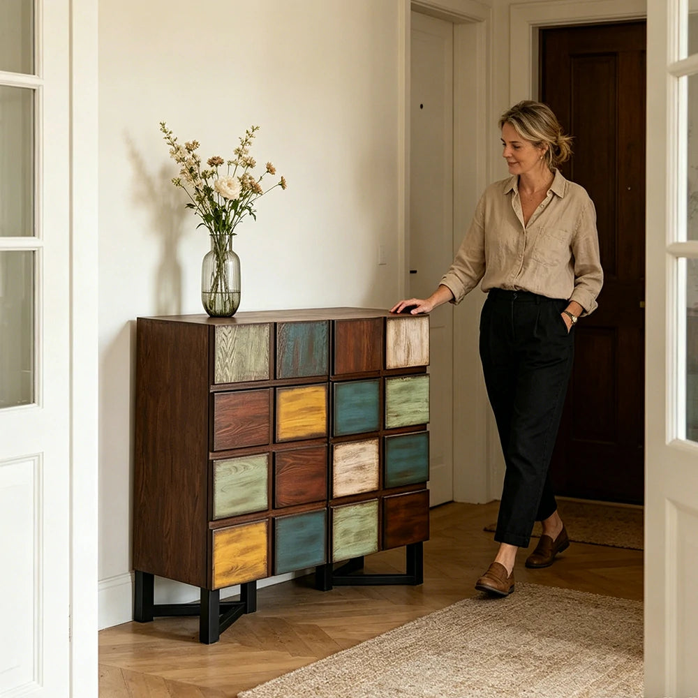 LUXORA Vintage Patchwork Side Cabinet Large Storage Organizer for Living Room Entryway