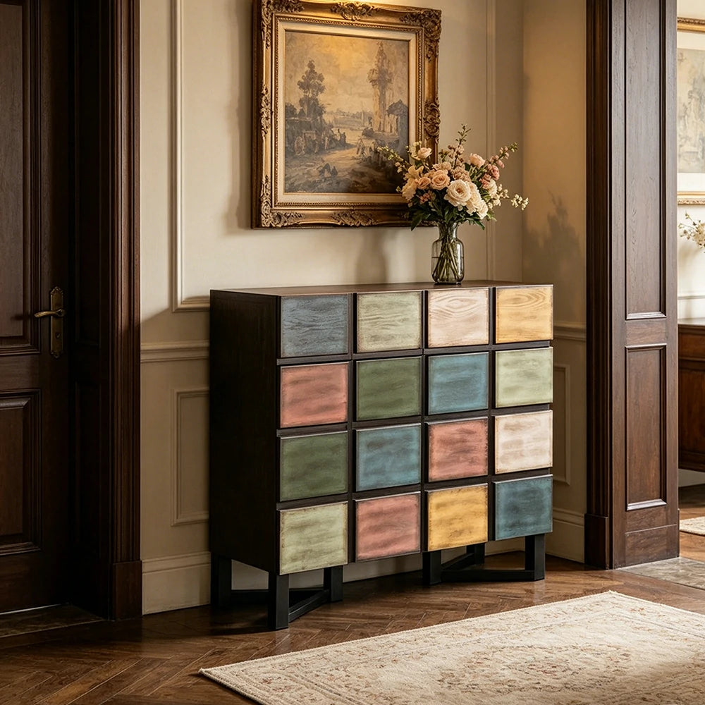 LUXORA Pine Wood Patchwork Storage Cabinet Decorative Organizer for Entryway Dining Area