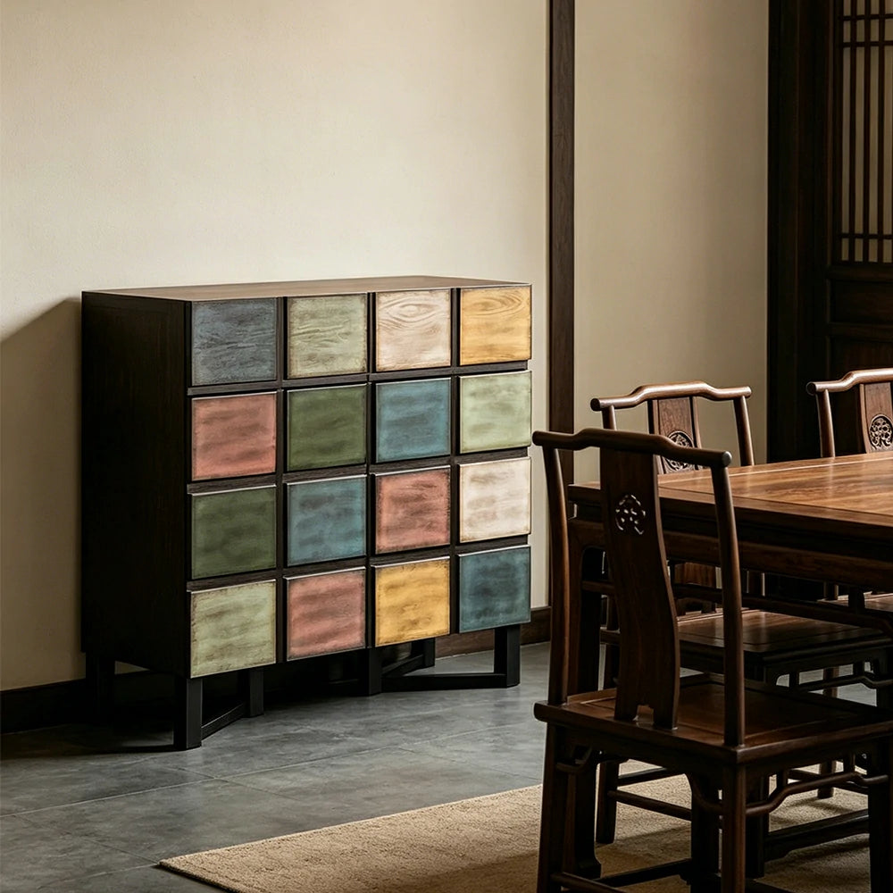 LUXORA Pine Wood Patchwork Storage Cabinet Decorative Organizer for Entryway Dining Area