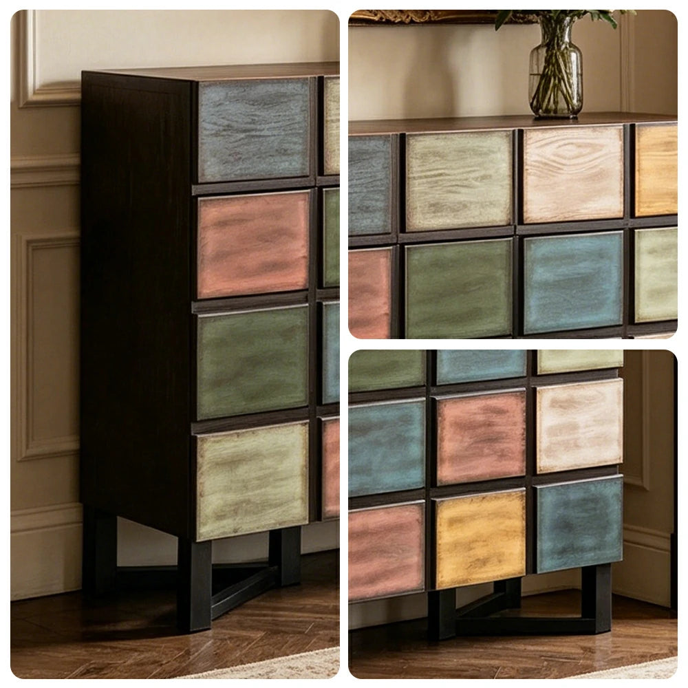 LUXORA Pine Wood Patchwork Storage Cabinet Decorative Organizer for Entryway Dining Area