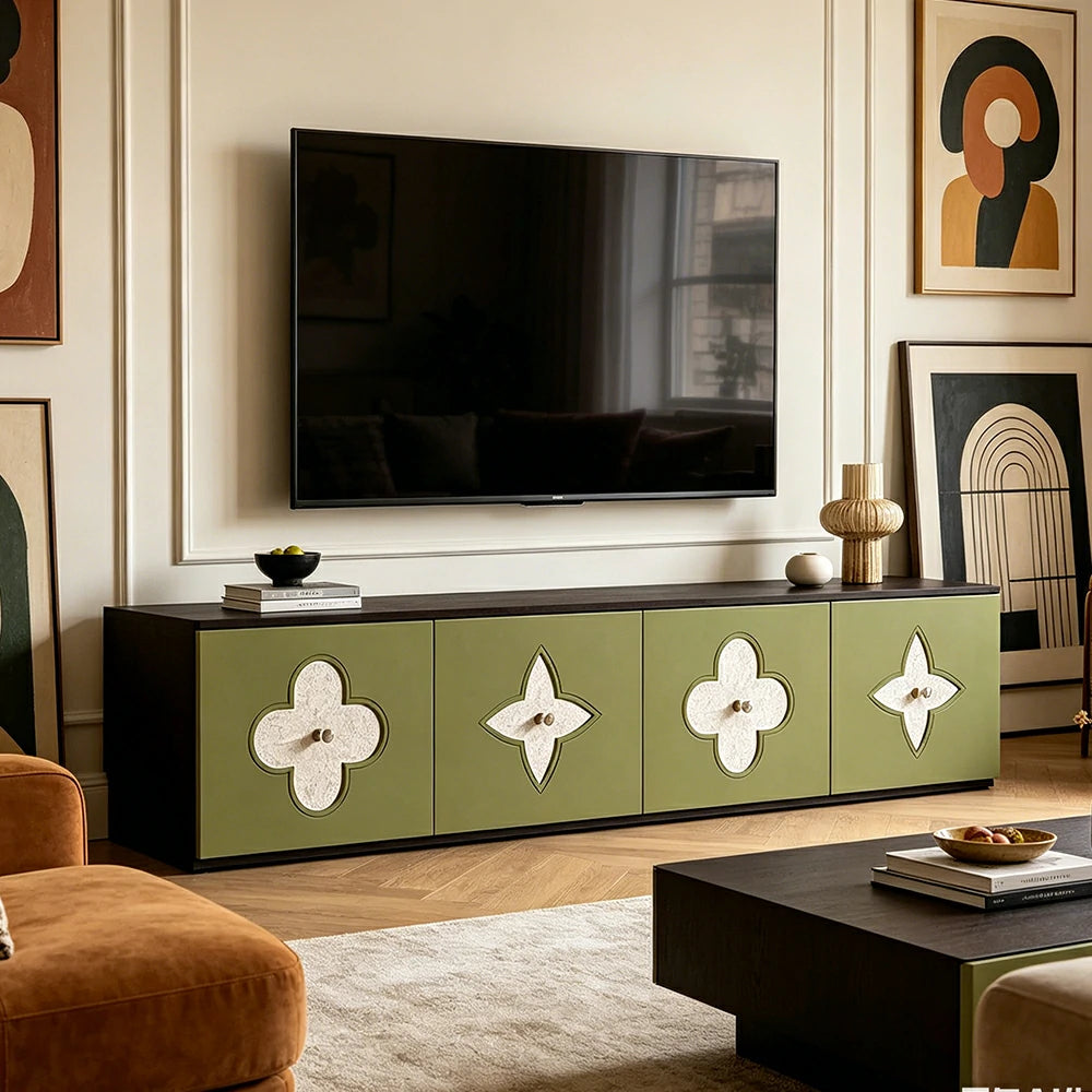 LUXORA Modern TV Cabinet Natural Shell Detail Storage Console for Living Room Entertainment Area - Black&Green