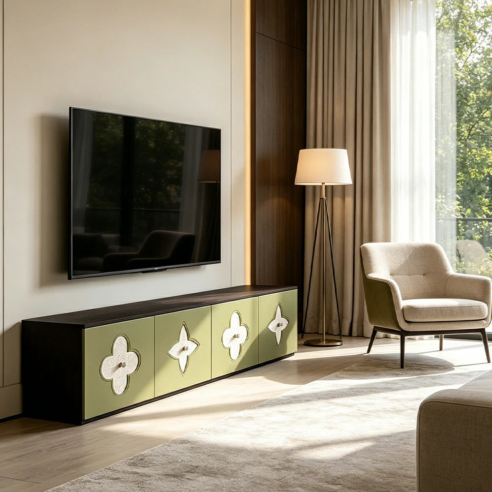 LUXORA Modern TV Cabinet Natural Shell Detail Storage Console for Living Room Entertainment Area - Black&Green