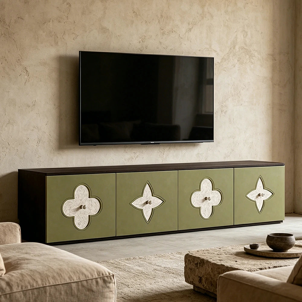 LUXORA Modern TV Cabinet Natural Shell Detail Storage Console for Living Room Entertainment Area - Black&Green
