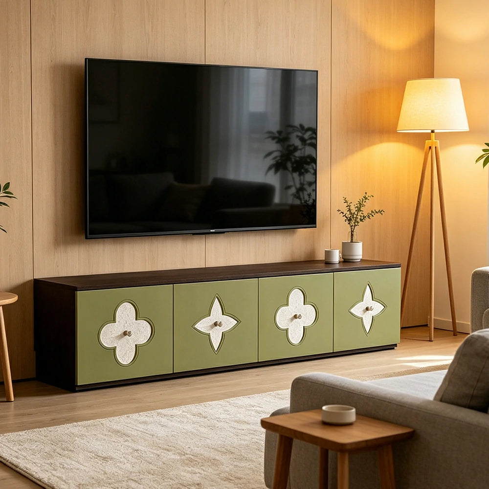 LUXORA Modern TV Cabinet Natural Shell Detail Storage Console for Living Room Entertainment Area - Black&Green
