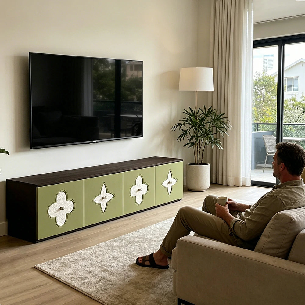 LUXORA Modern TV Cabinet Natural Shell Detail Storage Console for Living Room Entertainment Area - Black&Green