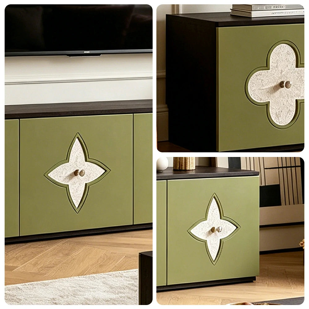 LUXORA Modern TV Cabinet Natural Shell Detail Storage Console for Living Room Entertainment Area - Black&Green