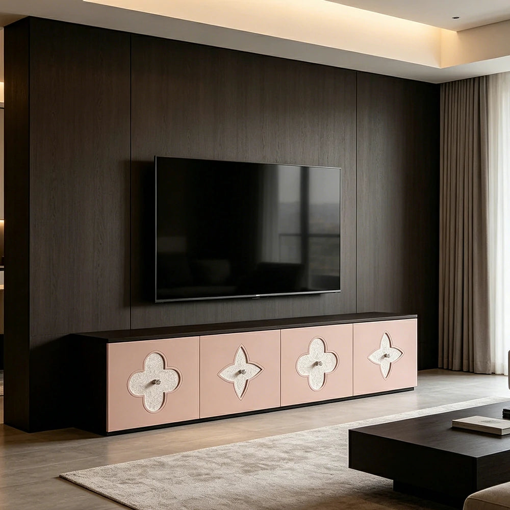 LUXORA Modern TV Cabinet Natural Shell Detail Storage Console for Living Room Entertainment Area - Black&Pink
