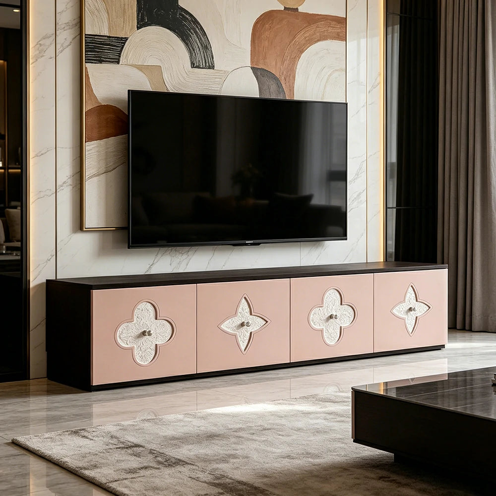 LUXORA Modern TV Cabinet Natural Shell Detail Storage Console for Living Room Entertainment Area - Black&Pink