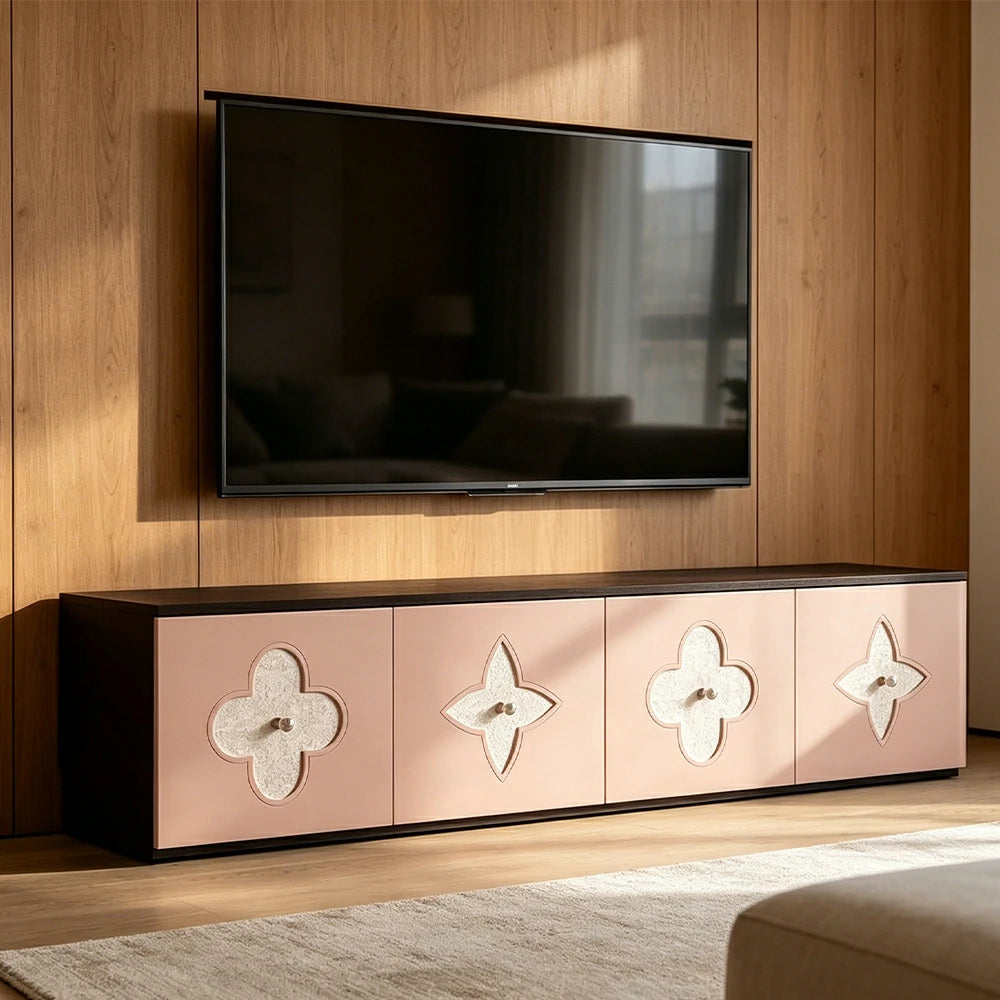 LUXORA Modern TV Cabinet Natural Shell Detail Storage Console for Living Room Entertainment Area - Black&Pink