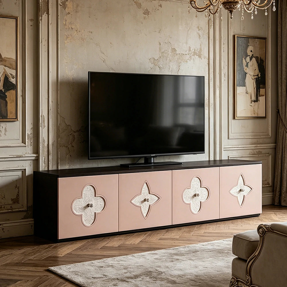 LUXORA Modern TV Cabinet Natural Shell Detail Storage Console for Living Room Entertainment Area - Black&Pink