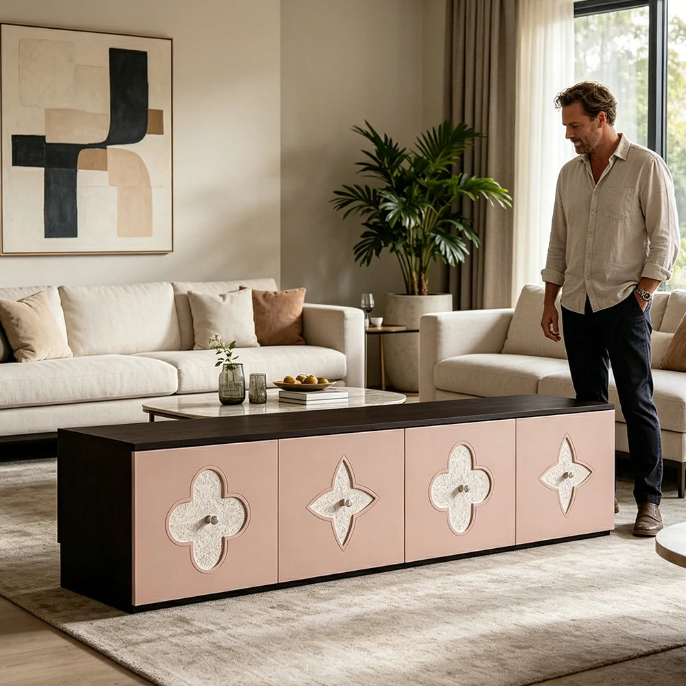 LUXORA Modern TV Cabinet Natural Shell Detail Storage Console for Living Room Entertainment Area - Black&Pink