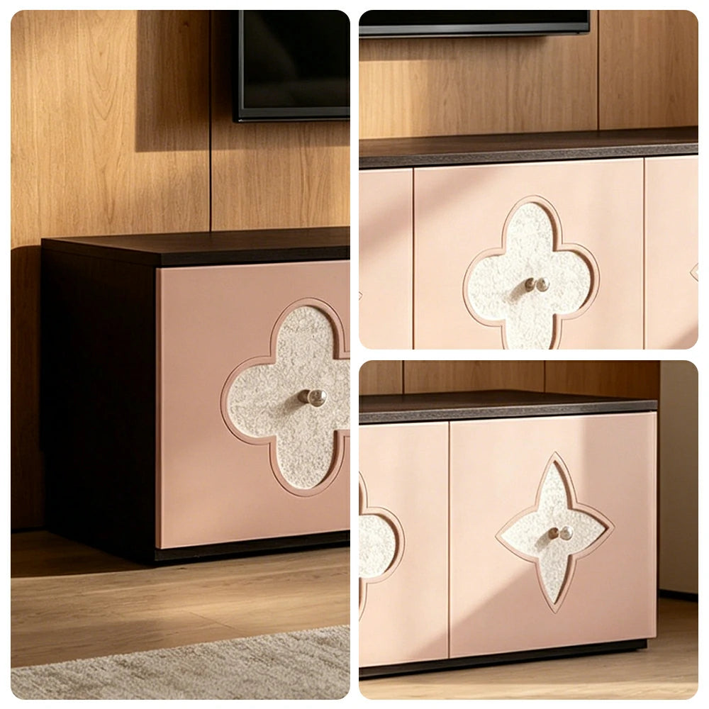 LUXORA Modern TV Cabinet Natural Shell Detail Storage Console for Living Room Entertainment Area - Black&Pink
