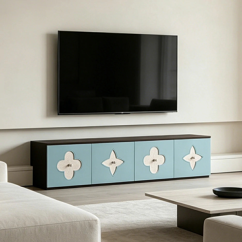 LUXORA Modern TV Cabinet Natural Shell Detail Storage Console for Living Room Entertainment Area - Black&Blue
