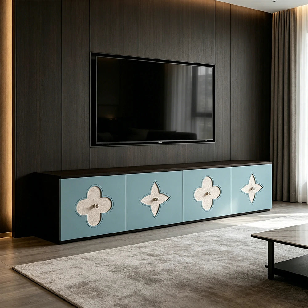LUXORA Modern TV Cabinet Natural Shell Detail Storage Console for Living Room Entertainment Area - Black&Blue