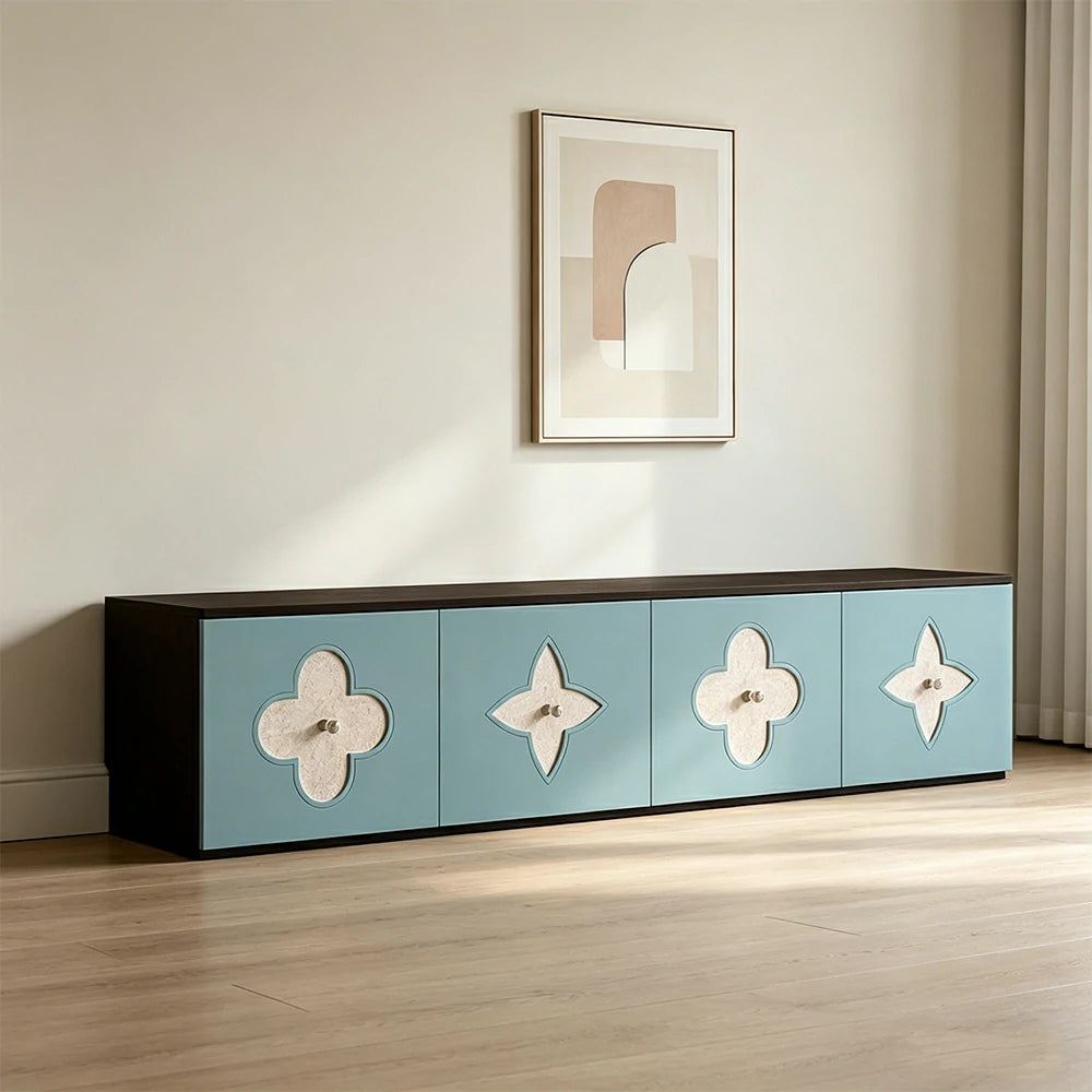 LUXORA Modern TV Cabinet Natural Shell Detail Storage Console for Living Room Entertainment Area - Black&Blue