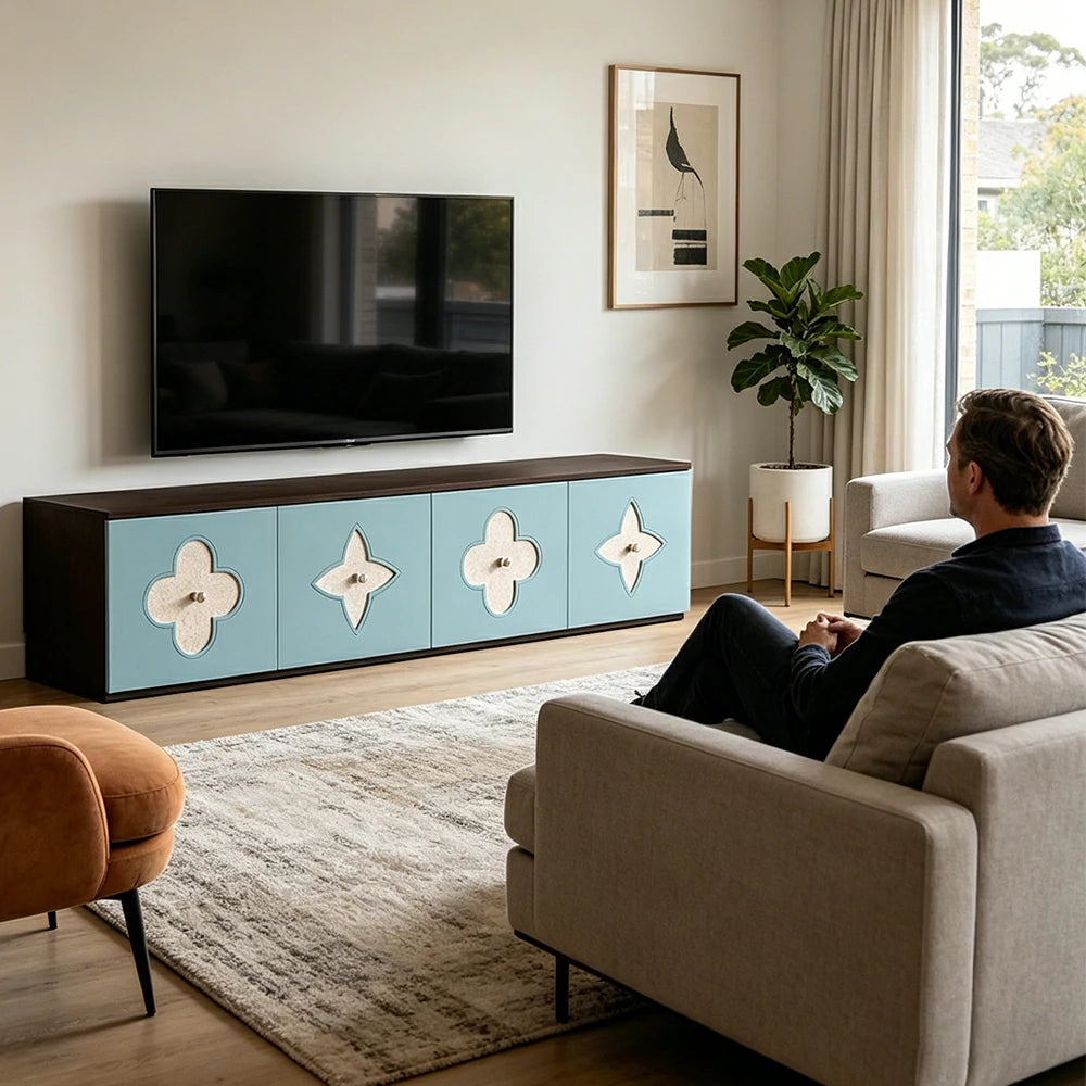 LUXORA Modern TV Cabinet Natural Shell Detail Storage Console for Living Room Entertainment Area - Black&Blue