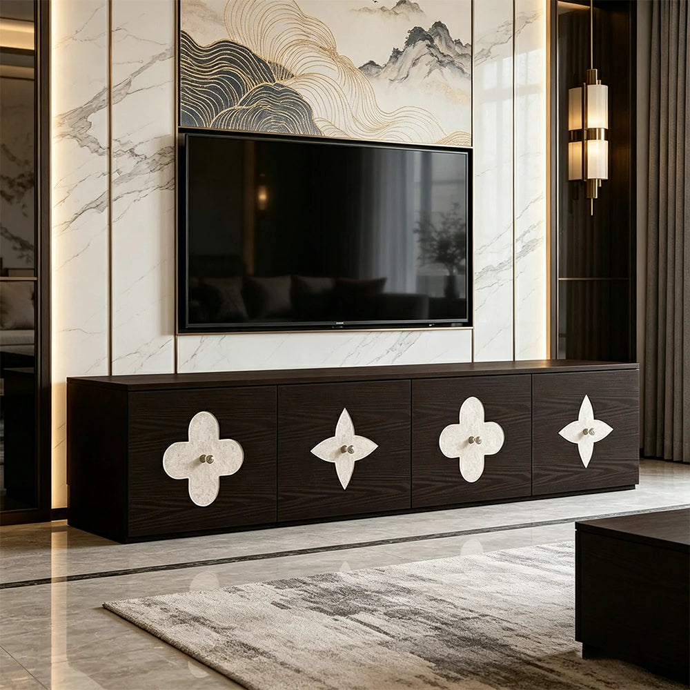 LUXORA Modern TV Cabinet Natural Shell Detail Storage Console for Living Room Entertainment Area - Black