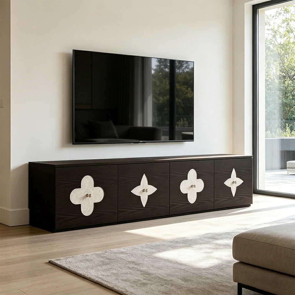 LUXORA Modern TV Cabinet Natural Shell Detail Storage Console for Living Room Entertainment Area - Black