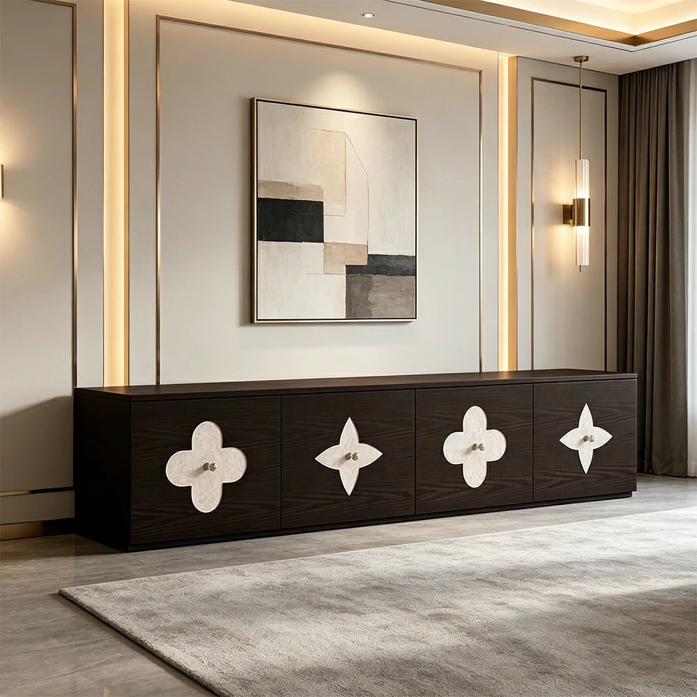 LUXORA Modern TV Cabinet Natural Shell Detail Storage Console for Living Room Entertainment Area - Black