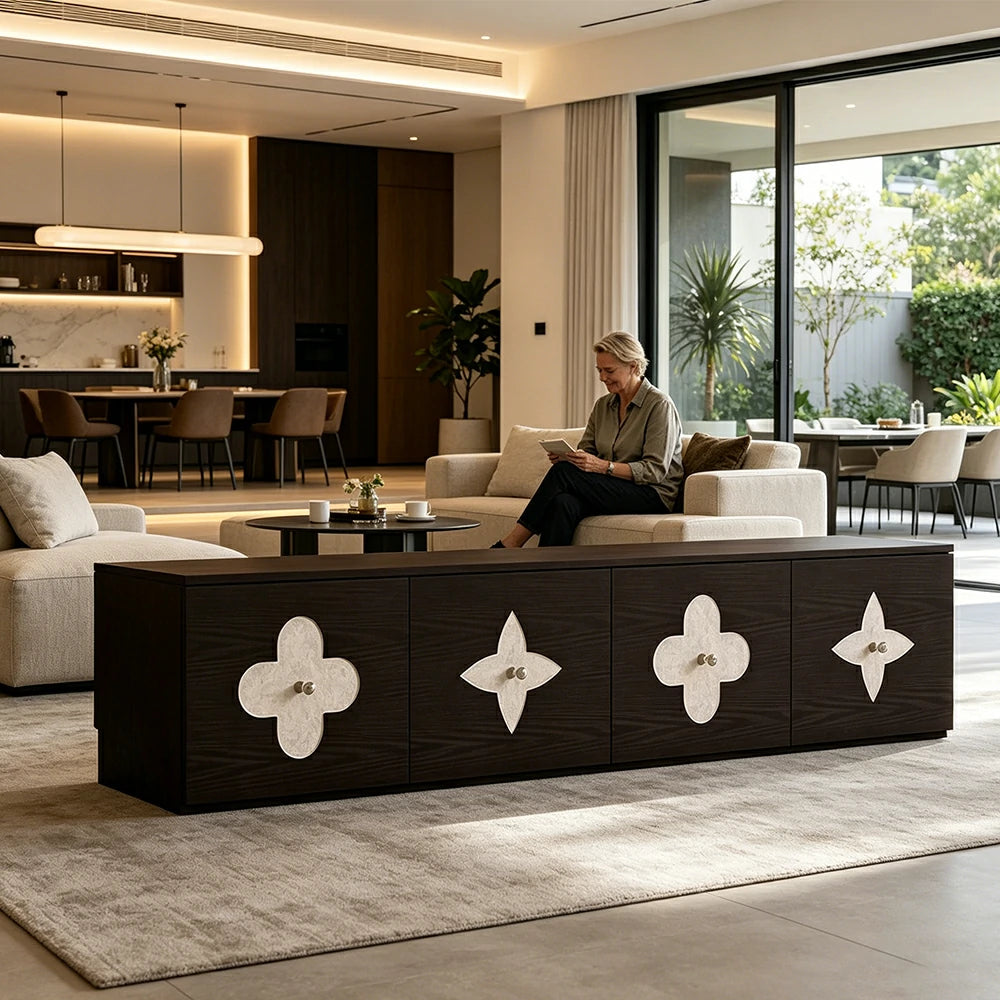 LUXORA Modern TV Cabinet Natural Shell Detail Storage Console for Living Room Entertainment Area - Black